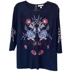 Charter club blouse faux suede embroidered xl‎ raw hem wide sleeve floral